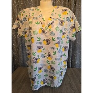 Divine Stretch By JDM White KOALA BEAR Lemon Scrub Top Short Sleeve Sz XL